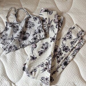 Mono B Cream Floral Sports Bra & Leggings Set with Black and Pale Pink Accents